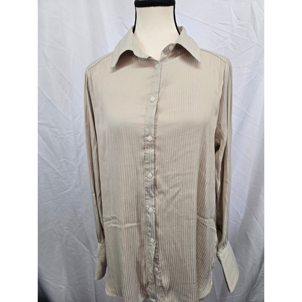 Free People Beige Pinstripe Button Down Blouse Long Sleeve Champagne Top Medium